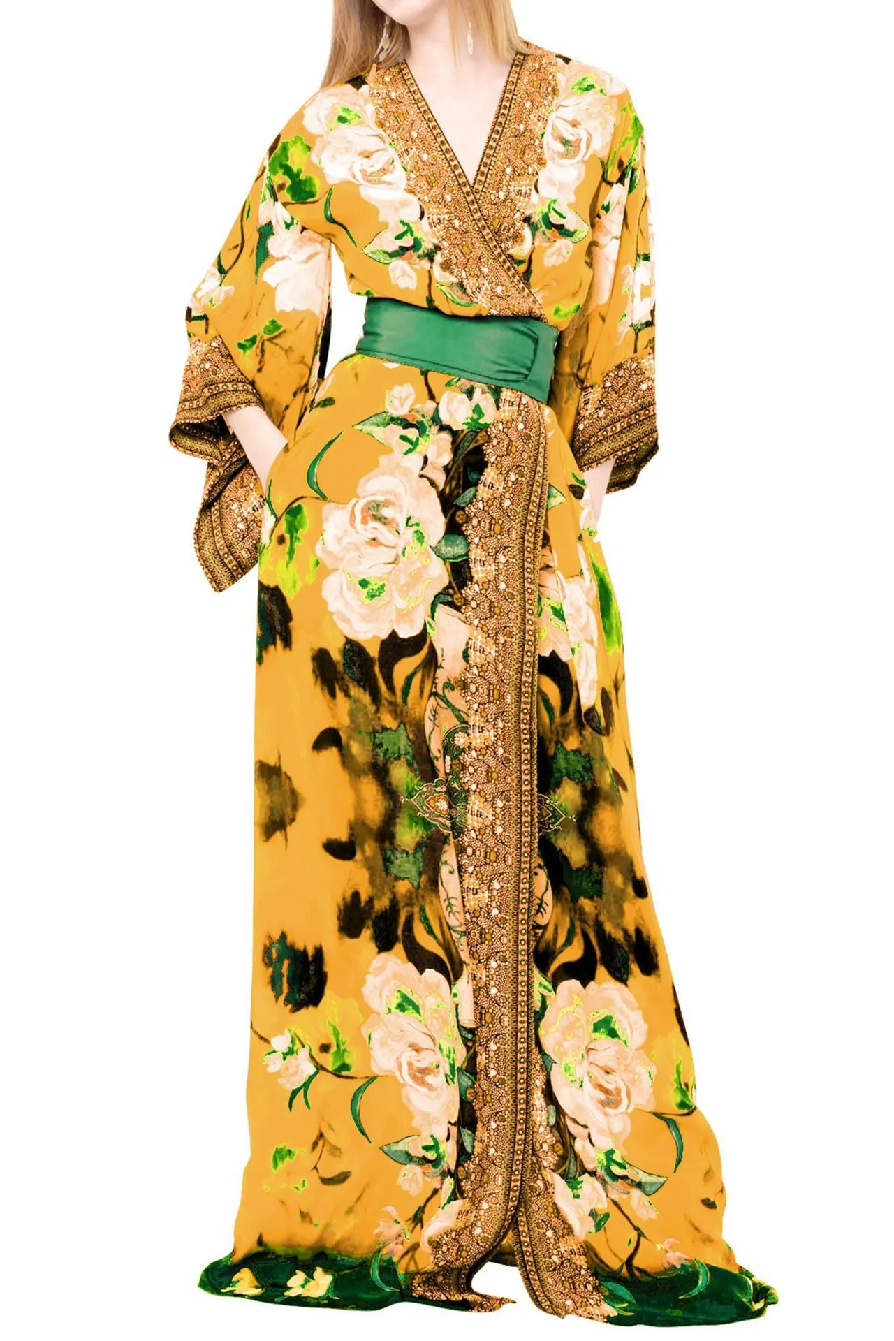 Yellow Silk Wrap Dress Long Sleeve