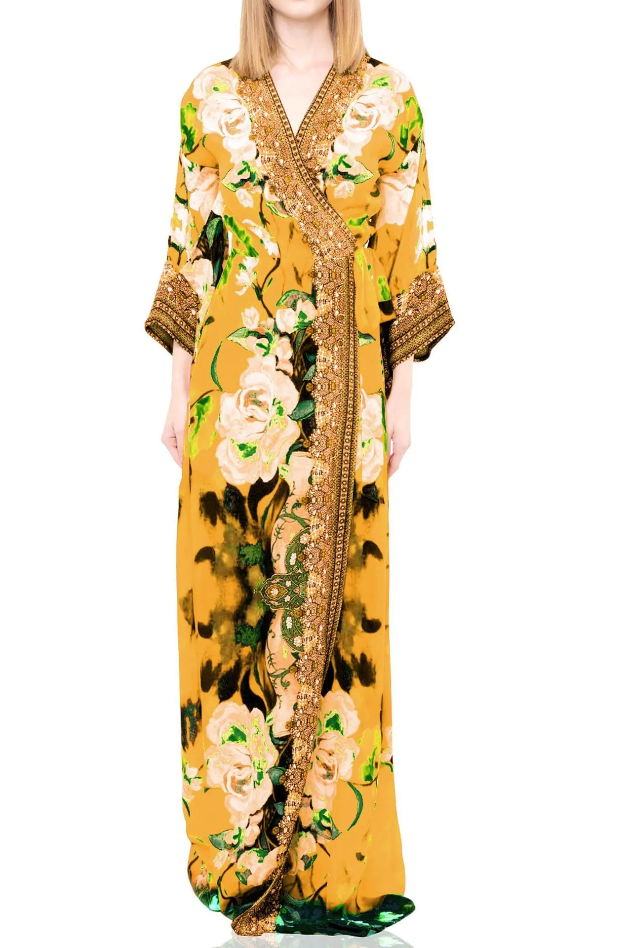 Yellow Silk Wrap Dress Long Sleeve