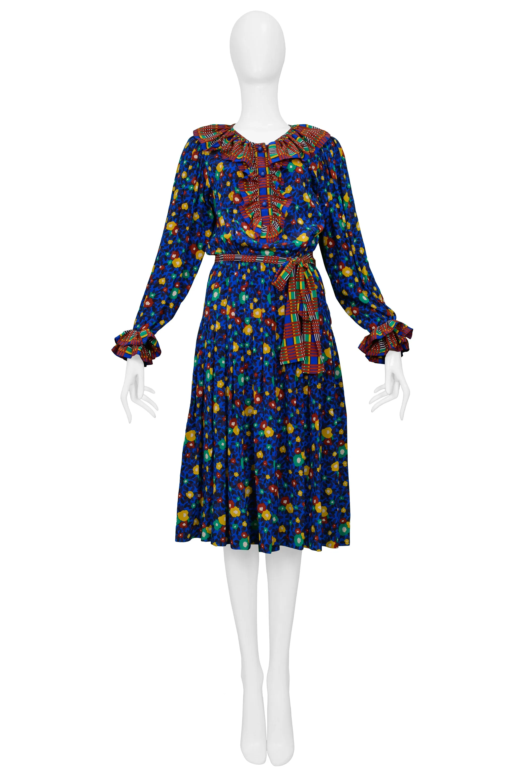 YVES SAINT LAURENT YSL BLUE FLORAL WITH PLAID TRIM DRESS 1980