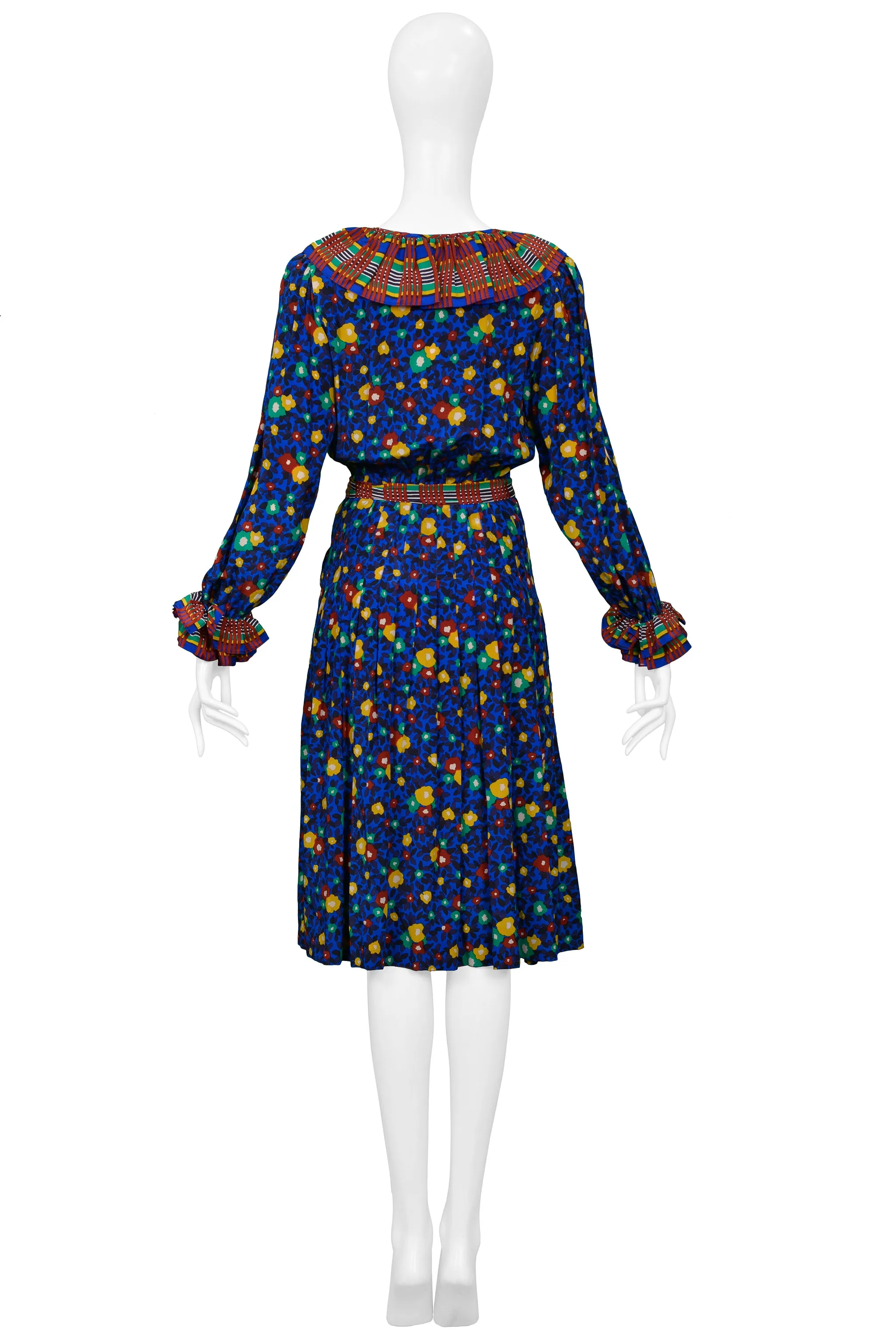 YVES SAINT LAURENT YSL BLUE FLORAL WITH PLAID TRIM DRESS 1980