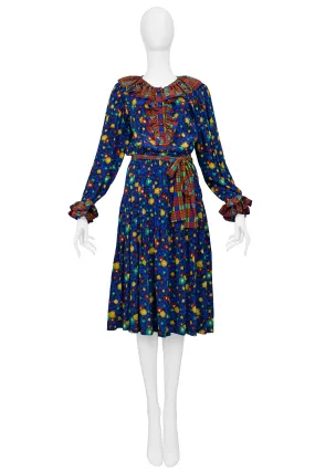 YVES SAINT LAURENT YSL BLUE FLORAL WITH PLAID TRIM DRESS 1980