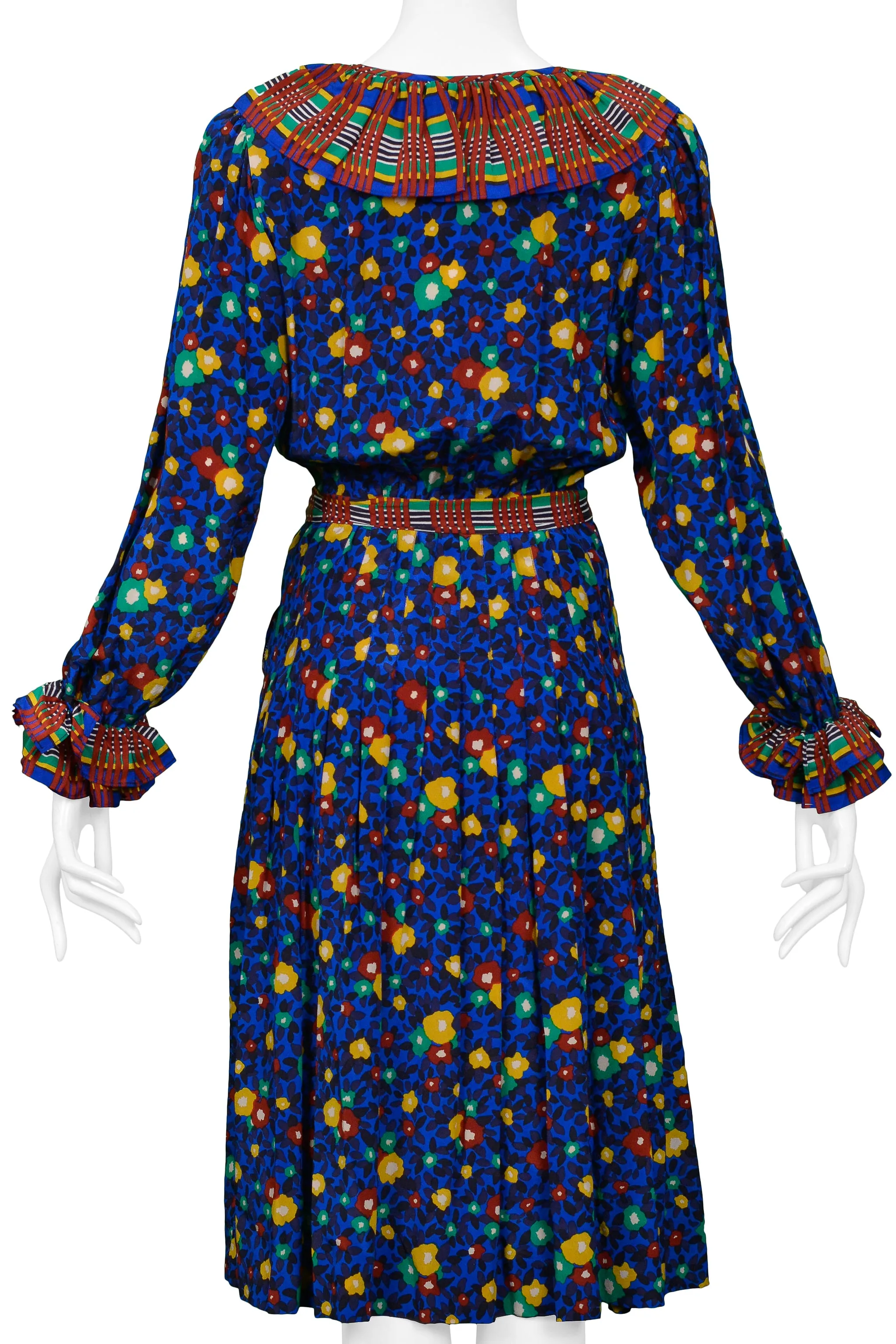 YVES SAINT LAURENT YSL BLUE FLORAL WITH PLAID TRIM DRESS 1980